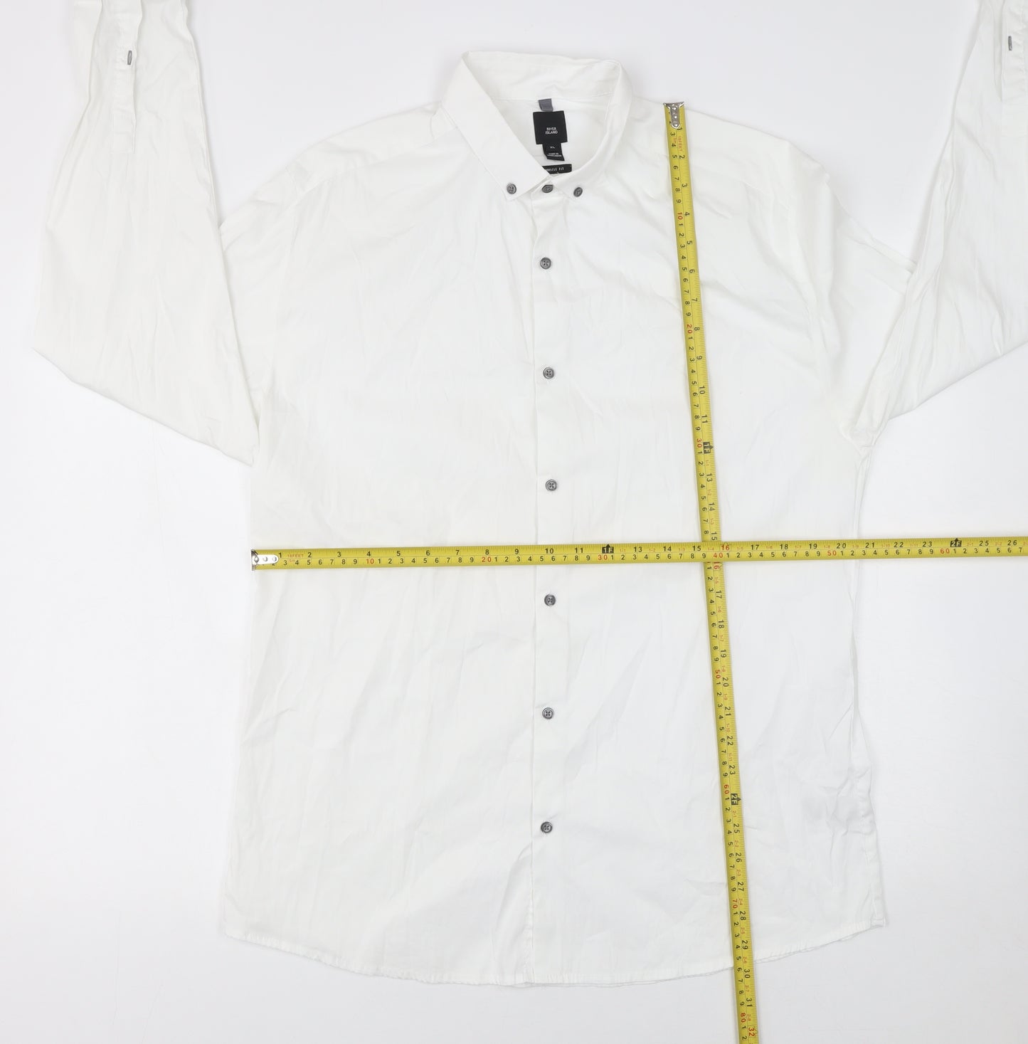 River Island Men's White XL Athletic Fit Long Sleeve Button-Up Shirt