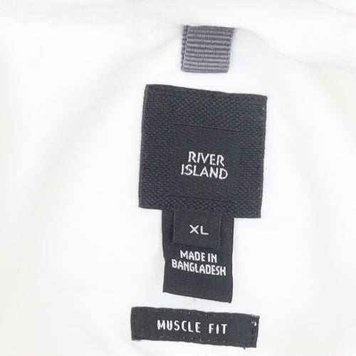 River Island Men's White XL Athletic Fit Long Sleeve Button-Up Shirt