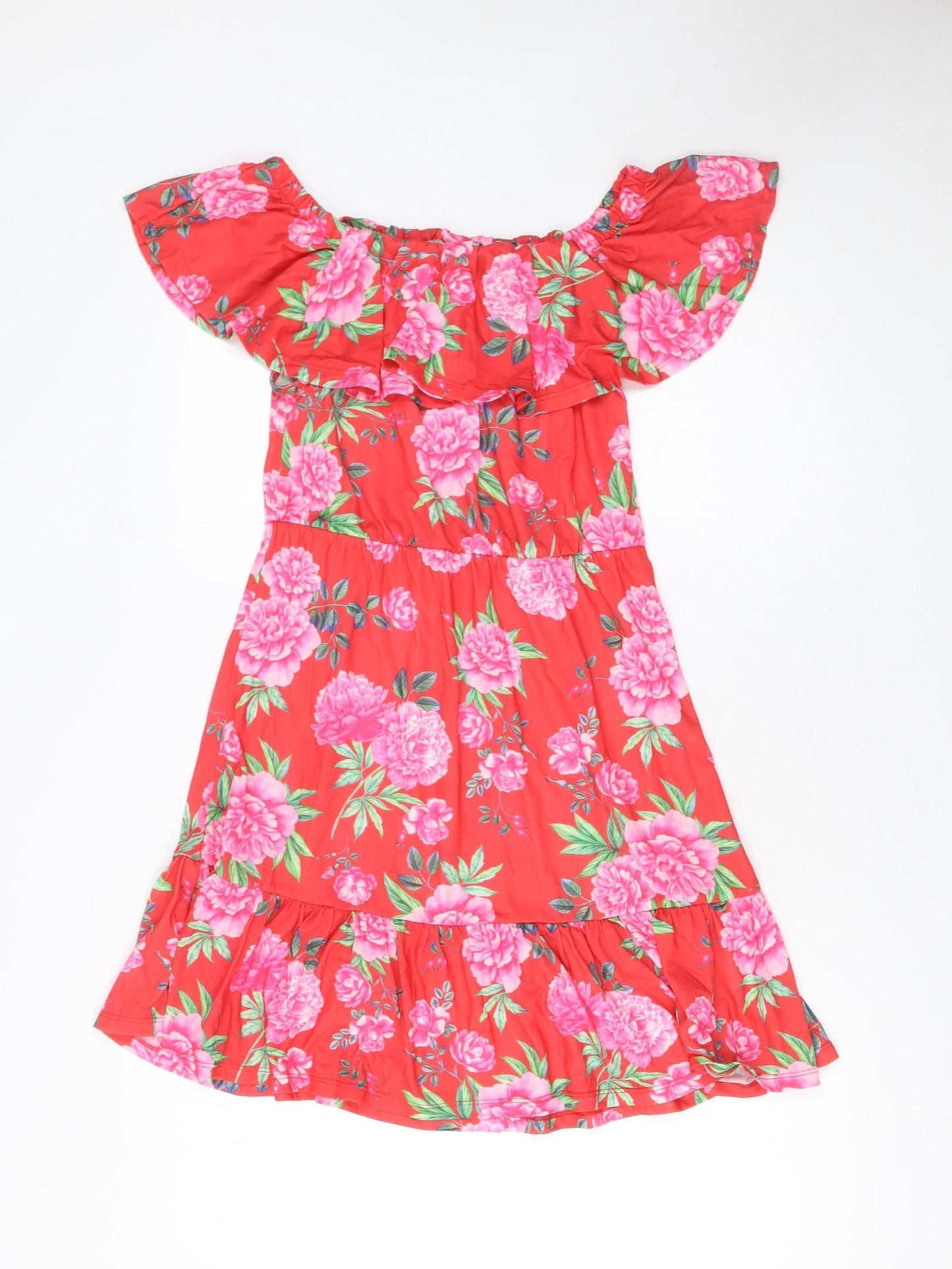 ASOS Women Red Floral Off Shoulder Ruffle Knee Length Dress Size 10