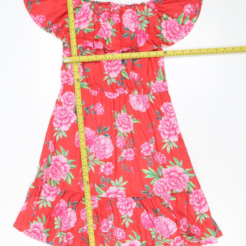 ASOS Women Red Floral Off Shoulder Ruffle Knee Length Dress Size 10