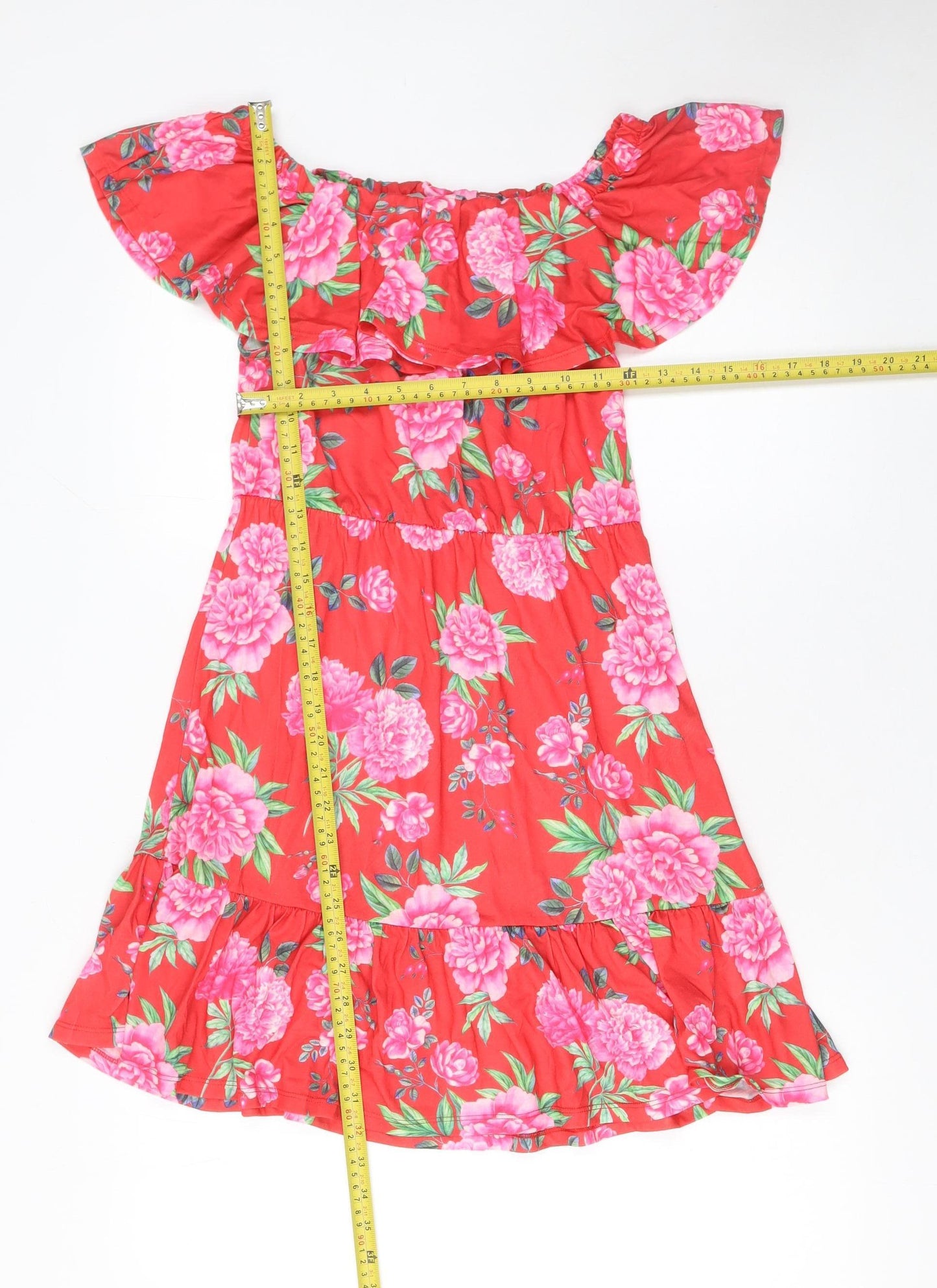 ASOS Women Red Floral Off Shoulder Ruffle Knee Length Dress Size 10