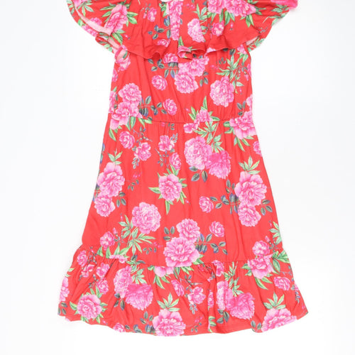 ASOS Women Red Floral Off Shoulder Ruffle Knee Length Dress Size 10