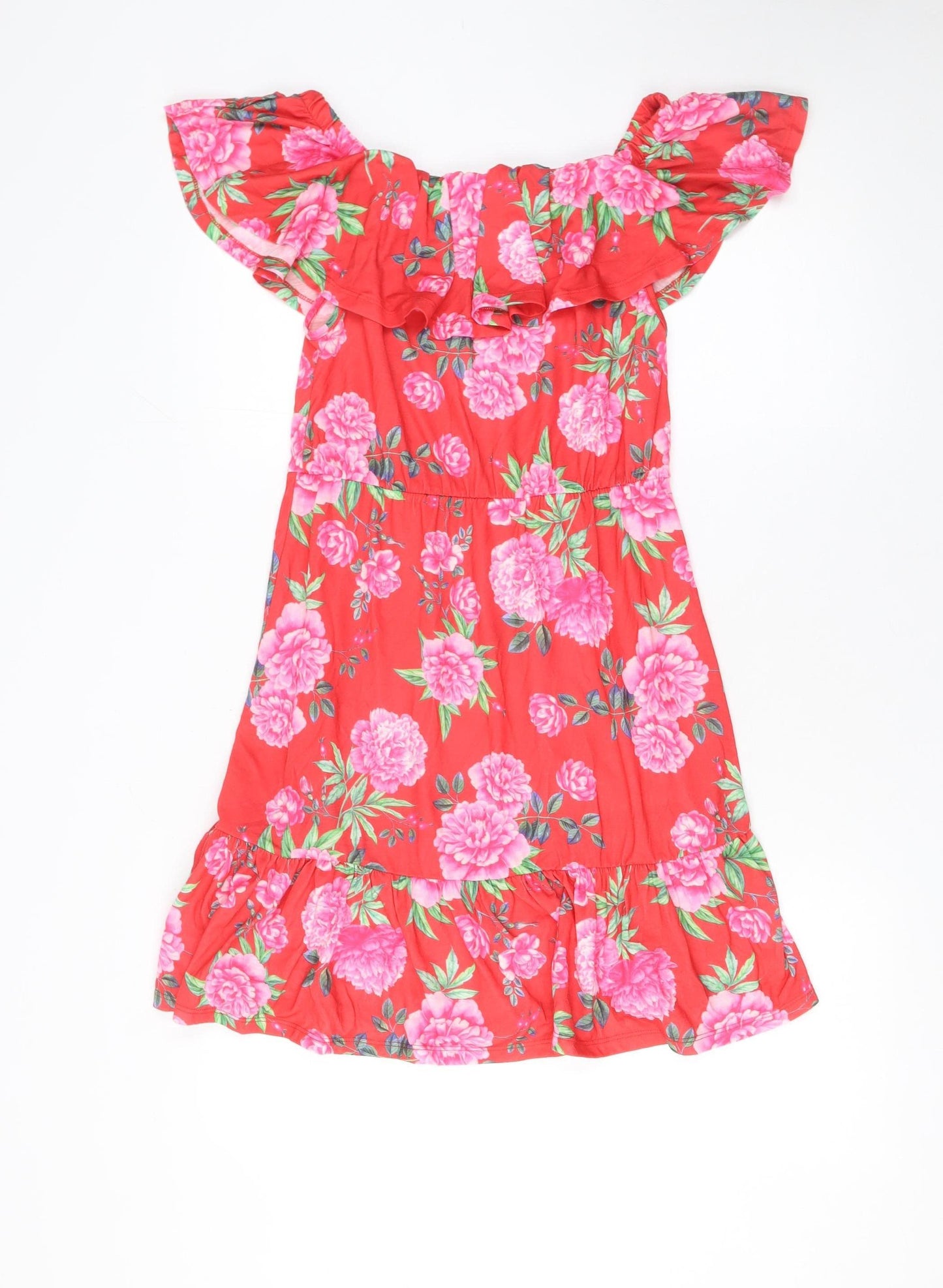 ASOS Women Red Floral Off Shoulder Ruffle Knee Length Dress Size 10