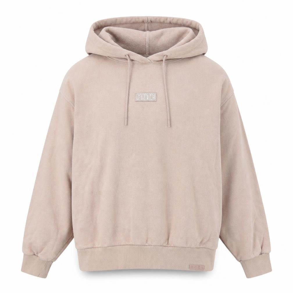 Front view of Li-Ning BADFIVE women’s beige pullover hoodie, size M, graphic print