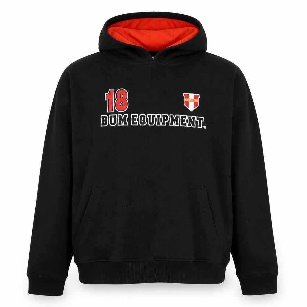 Front view of B.U.M. Equipment Men’s Black Pullover Hoodie L Retro College Logo