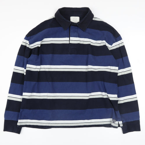 Marks and Spencer Men's Blue Striped Collared Long Sleeve Pullover Sweatshirt L