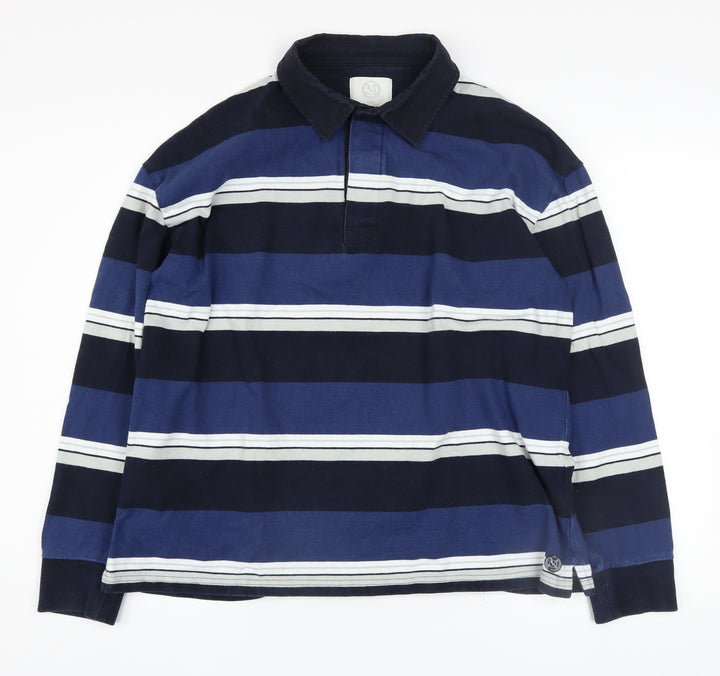 Marks and Spencer Men's Blue Striped Collared Long Sleeve Pullover Sweatshirt L