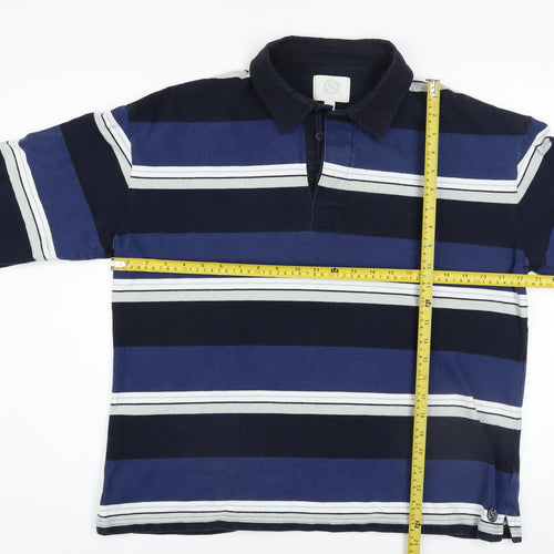 Marks and Spencer Men's Blue Striped Collared Long Sleeve Pullover Sweatshirt L