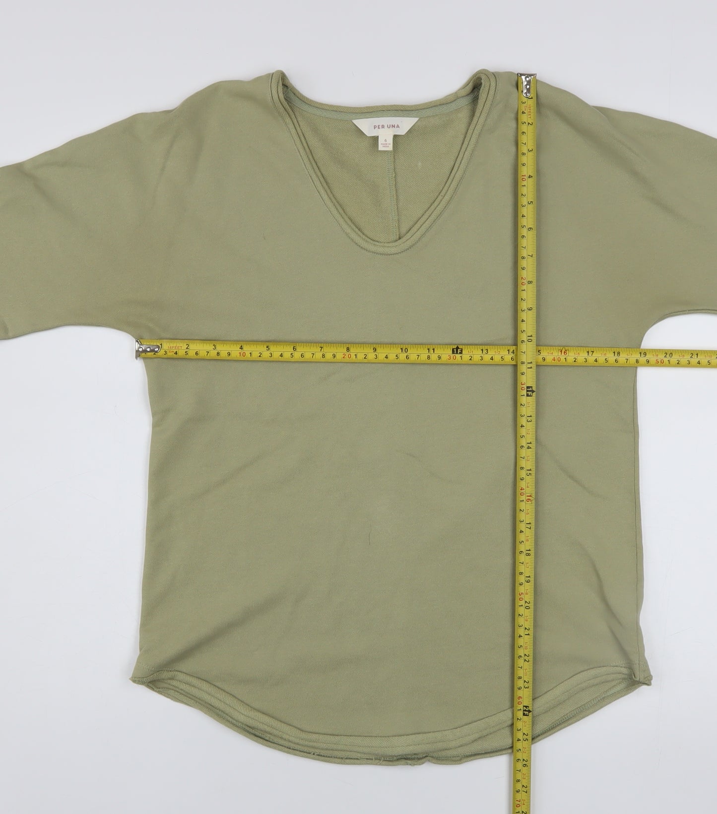 Marks and Spencer Women Green Cotton 3/4 Sleeve Basic T-Shirt Size 6