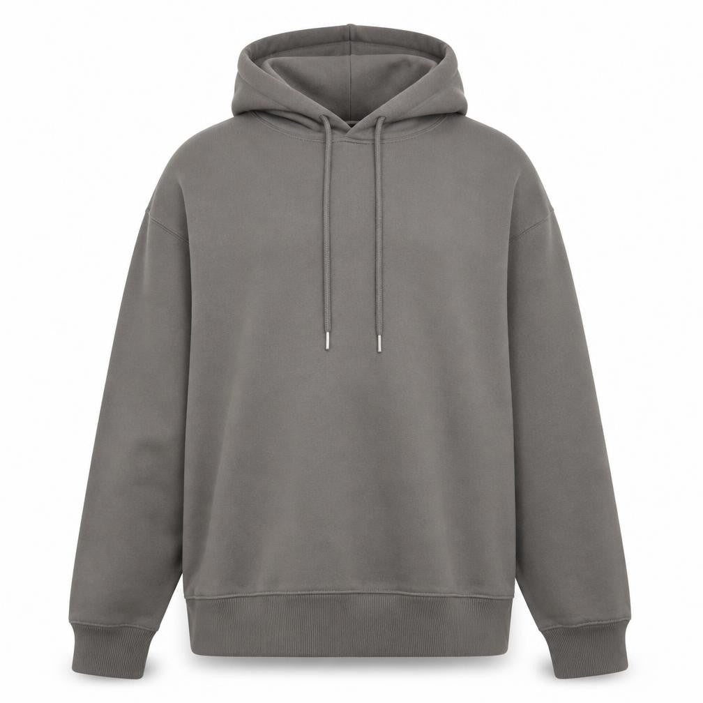 Front view of GU Men's Grey Pullover Hoodie, size L, Regular Fit Fleece Cotton Blend