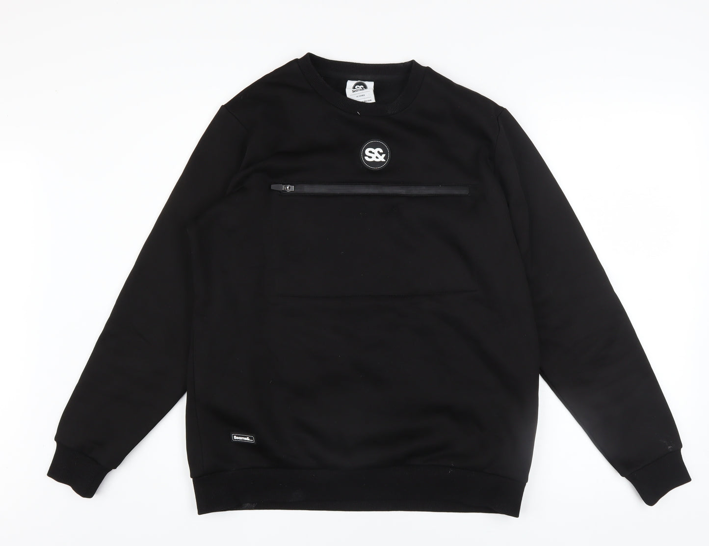 Seams& Boys Black Crew Neck Pullover Sweatshirt 15 Years Zip Detail
