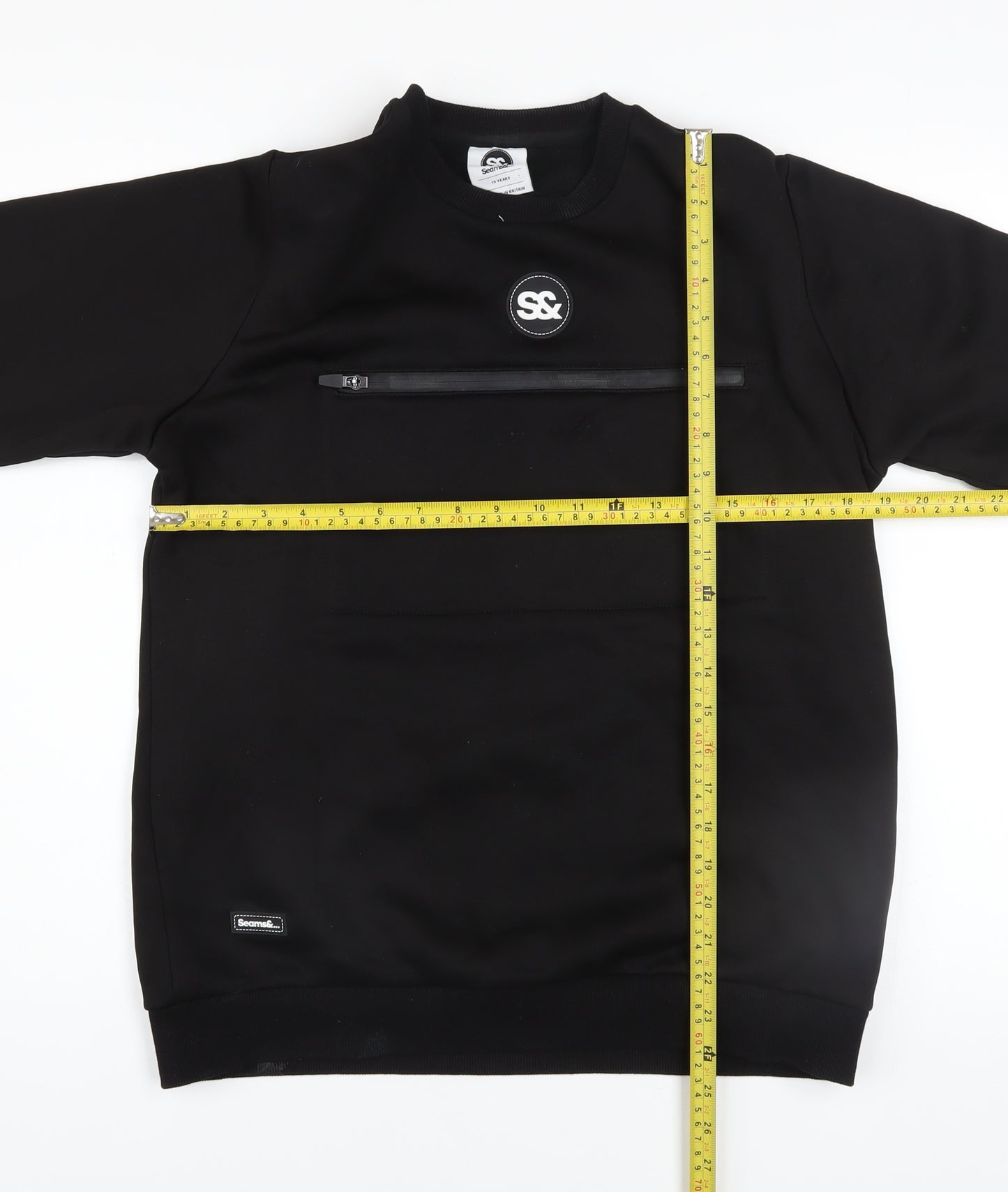 Seams& Boys Black Crew Neck Pullover Sweatshirt 15 Years Zip Detail
