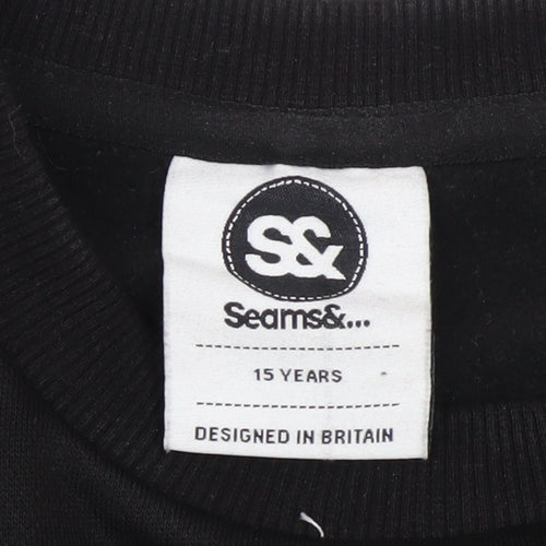 Seams& Boys Black Crew Neck Pullover Sweatshirt 15 Years Zip Detail
