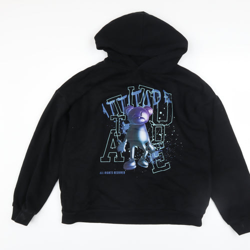 Marks and Spencer Boys Black Pullover Hoodie 13-14 Years Graphic Print Cotton Blend