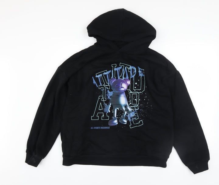 Marks and Spencer Boys Black Pullover Hoodie 13-14 Years Graphic Print Cotton Blend