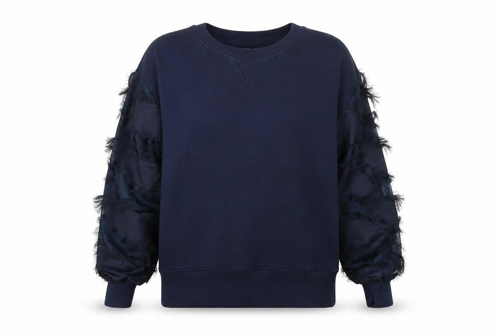 Front view of River Island Women Navy Blue Pullover Sweatshirt with Feather Detail, size S