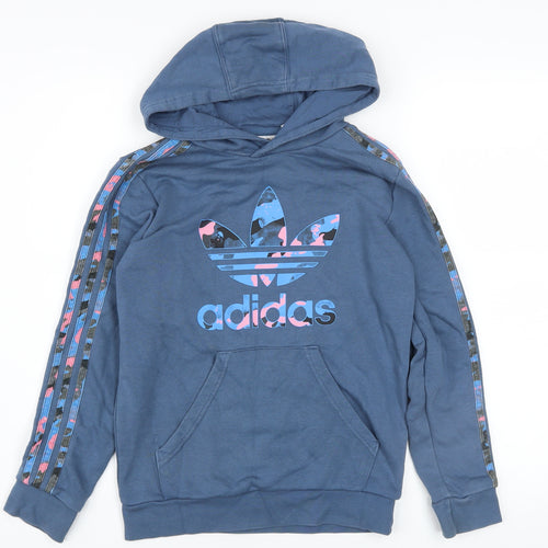 Adidas Girls Blue Pullover Hoodie 11-12 Years Logo Graphic Cotton Blend