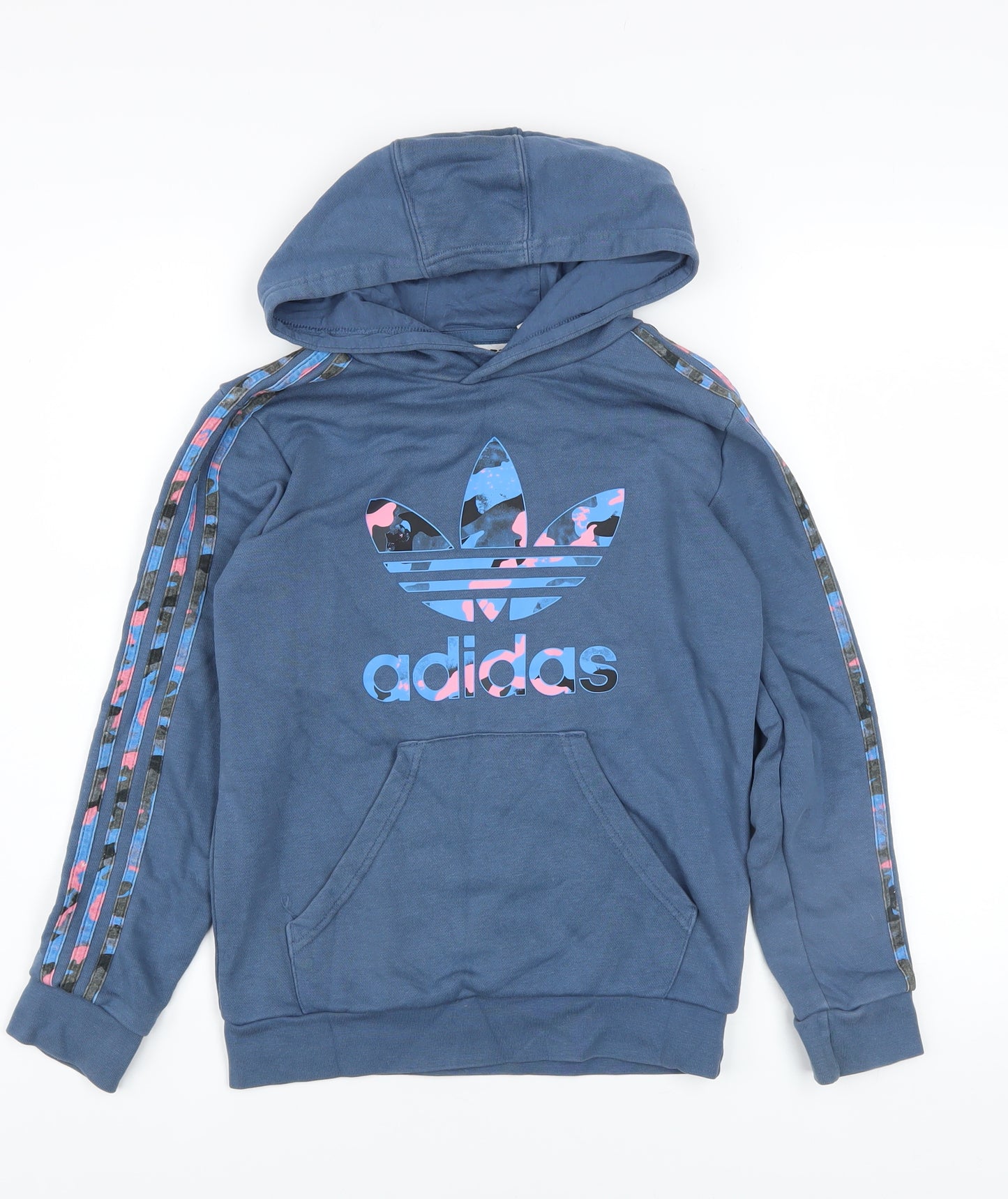 Adidas Girls Blue Pullover Hoodie 11-12 Years Logo Graphic Cotton Blend