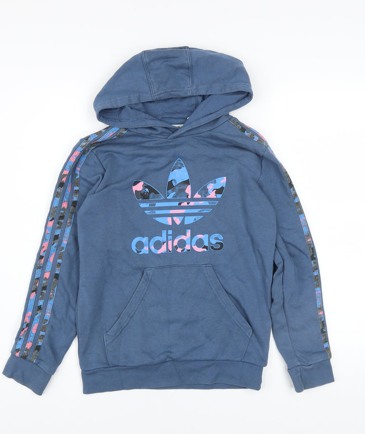 Adidas Girls Blue Pullover Hoodie 11-12 Years Logo Graphic Cotton Blend