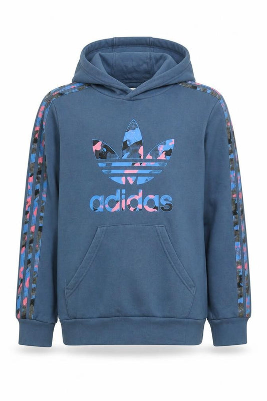 Adidas Girls Blue Pullover Hoodie 11-12 Years Logo Graphic Cotton Blend