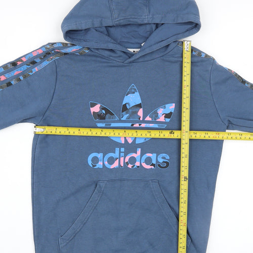 Adidas Girls Blue Pullover Hoodie 11-12 Years Logo Graphic Cotton Blend