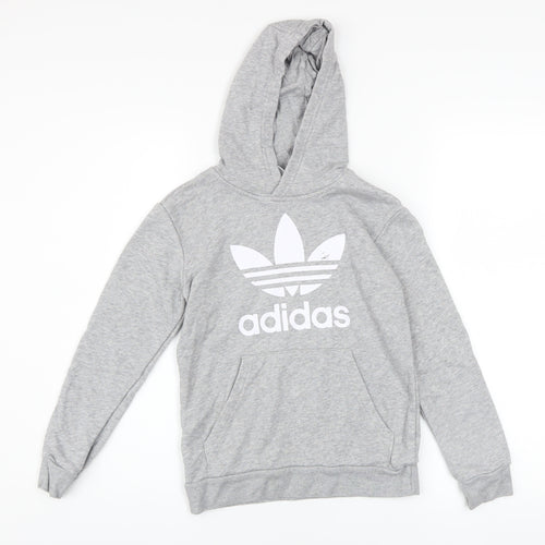 Adidas Boys Grey Pullover Hoodie 9-10 Years Cotton Blend Logo Sweatshirt