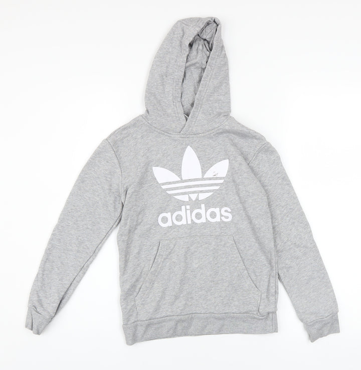 Adidas Boys Grey Pullover Hoodie 9-10 Years Cotton Blend Logo Sweatshirt