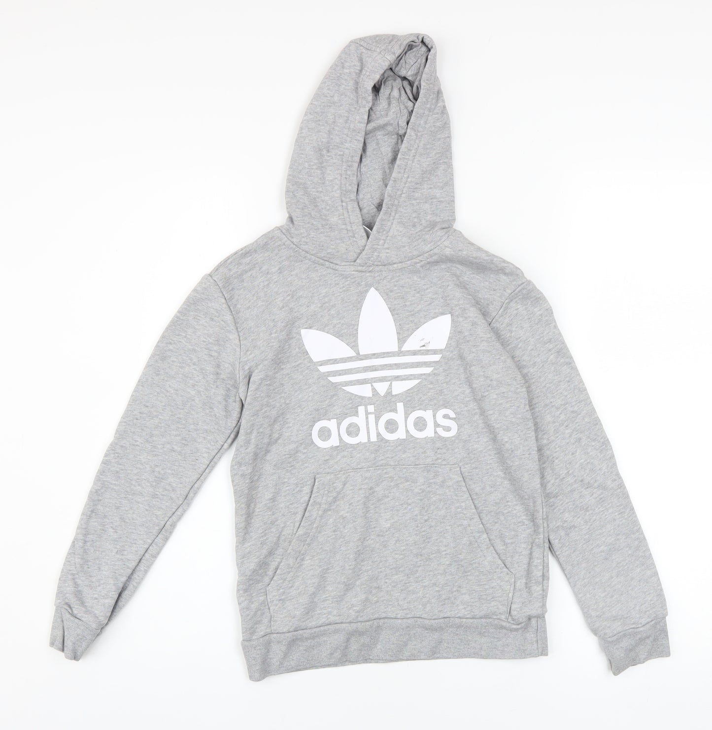 Adidas Boys Grey Pullover Hoodie 9-10 Years Cotton Blend Logo Sweatshirt