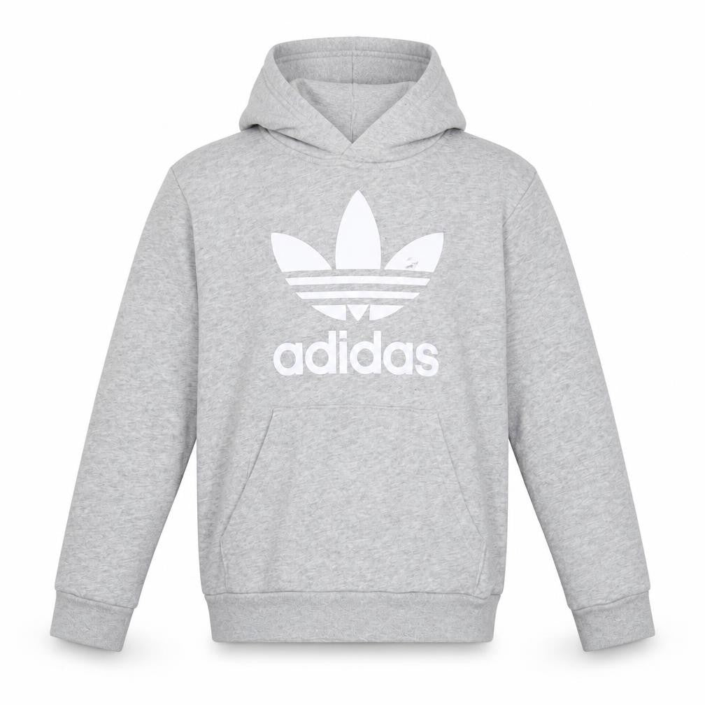 Front view of Adidas boys’ grey pullover hoodie 9-10 years cotton blend logo sweatshirt