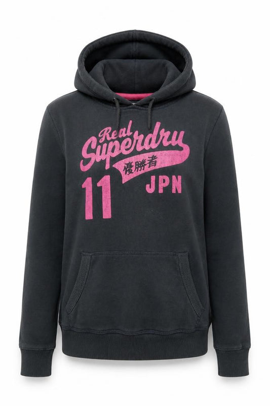 Front view of Superdry Women's Black Pullover Hoodie, size L, Graphic Print