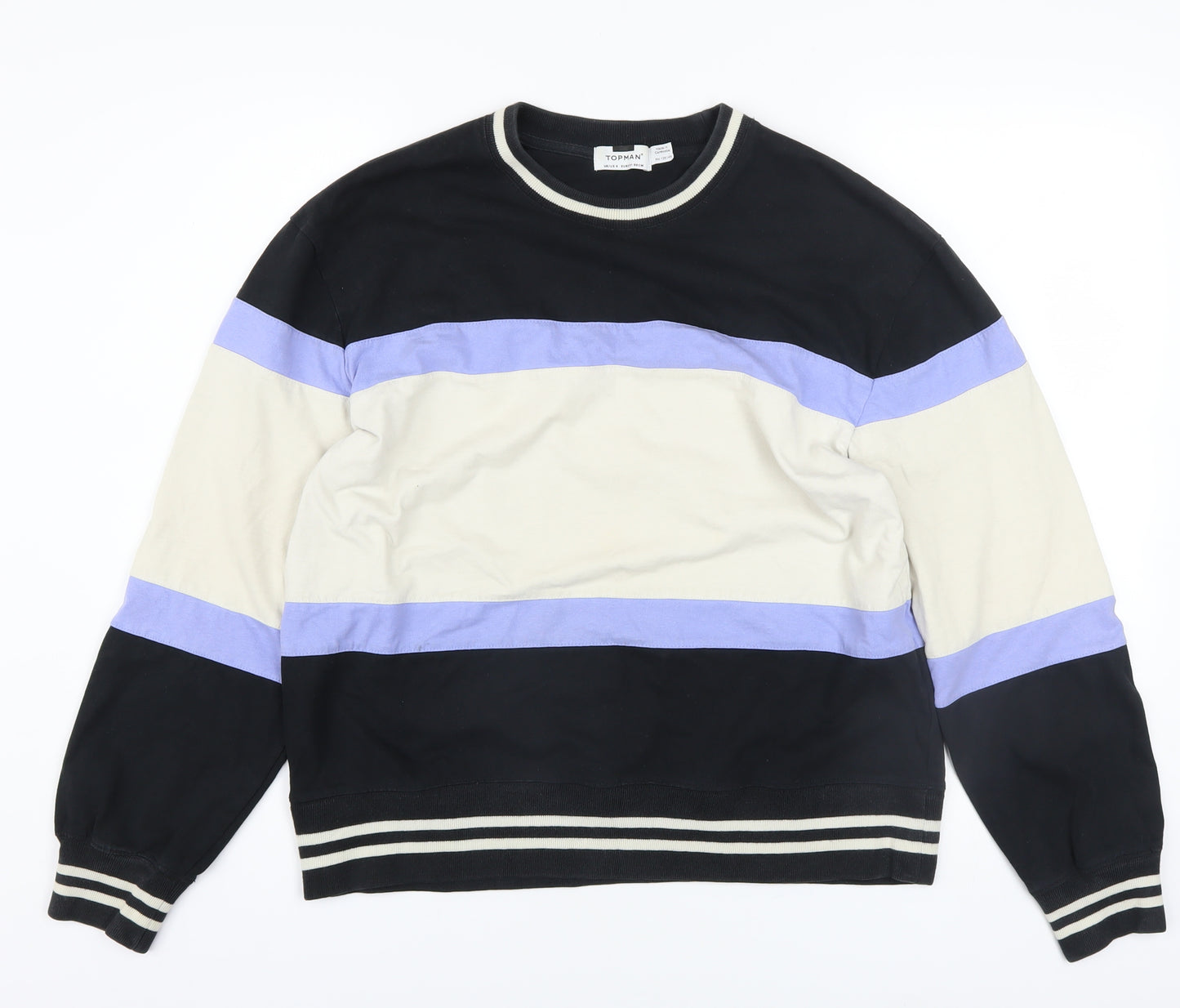 Topman Men's Black Beige Blue Striped Cotton Sweatshirt Size S