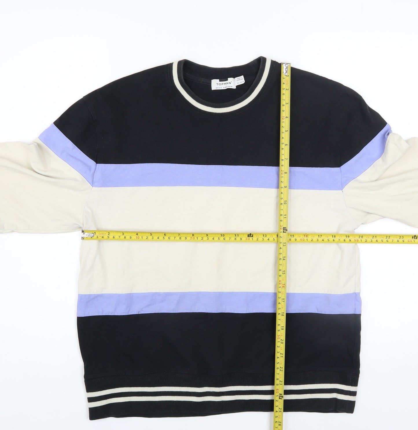 Topman Men's Black Beige Blue Striped Cotton Sweatshirt Size S