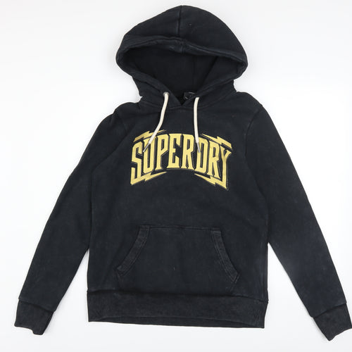 Superdry Womens Black Hoodie UK 12 Pullover Cotton Blend Graphic Logo