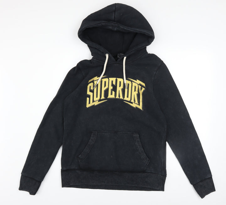 Superdry Womens Black Hoodie UK 12 Pullover Cotton Blend Graphic Logo