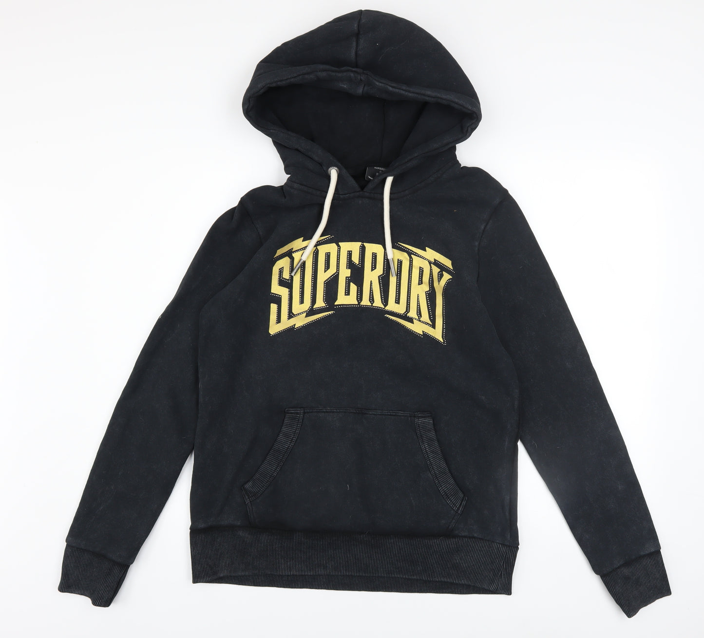 Superdry Womens Black Hoodie UK 12 Pullover Cotton Blend Graphic Logo