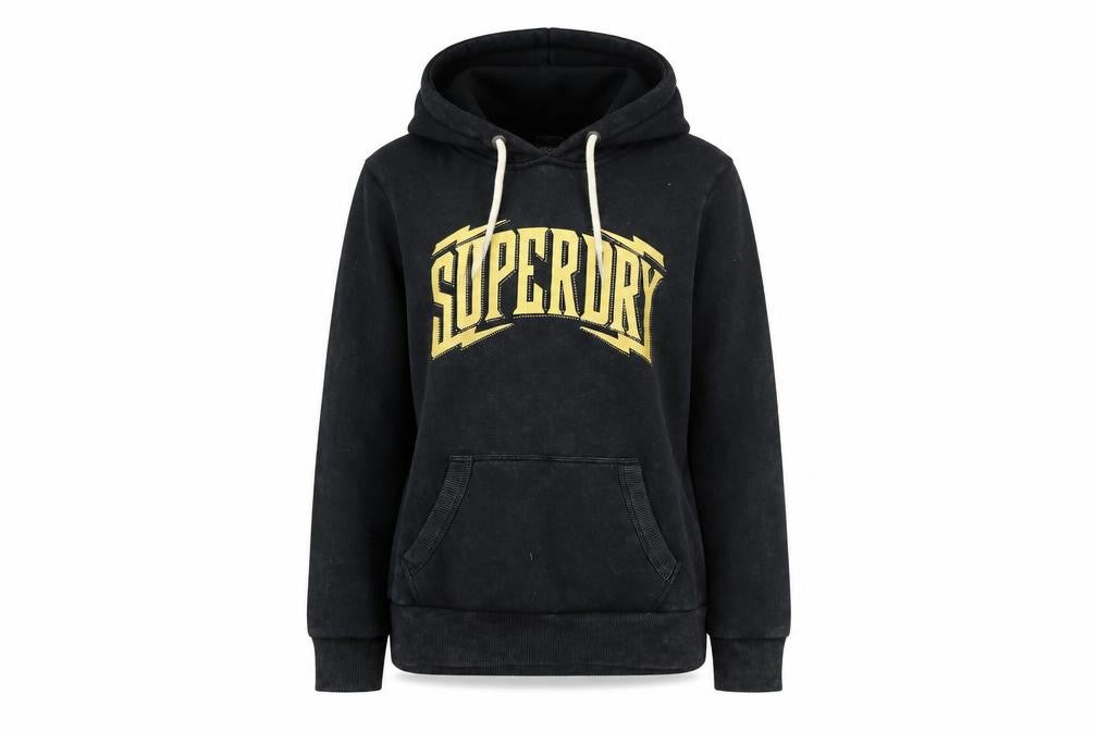 Front view of Superdry women’s black hoodie uk 12 pullover cotton blend graphic logo