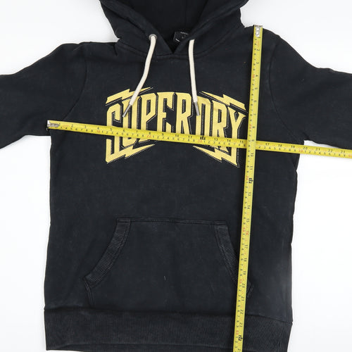 Superdry Womens Black Hoodie UK 12 Pullover Cotton Blend Graphic Logo