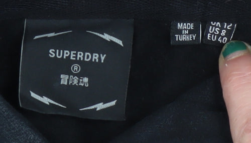 Superdry Womens Black Hoodie UK 12 Pullover Cotton Blend Graphic Logo