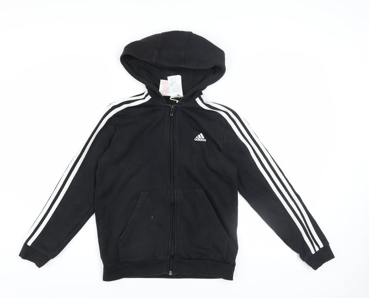 Adidas Boys Black Full Zip Hoodie 11-12 Years Cotton Blend Sportswear