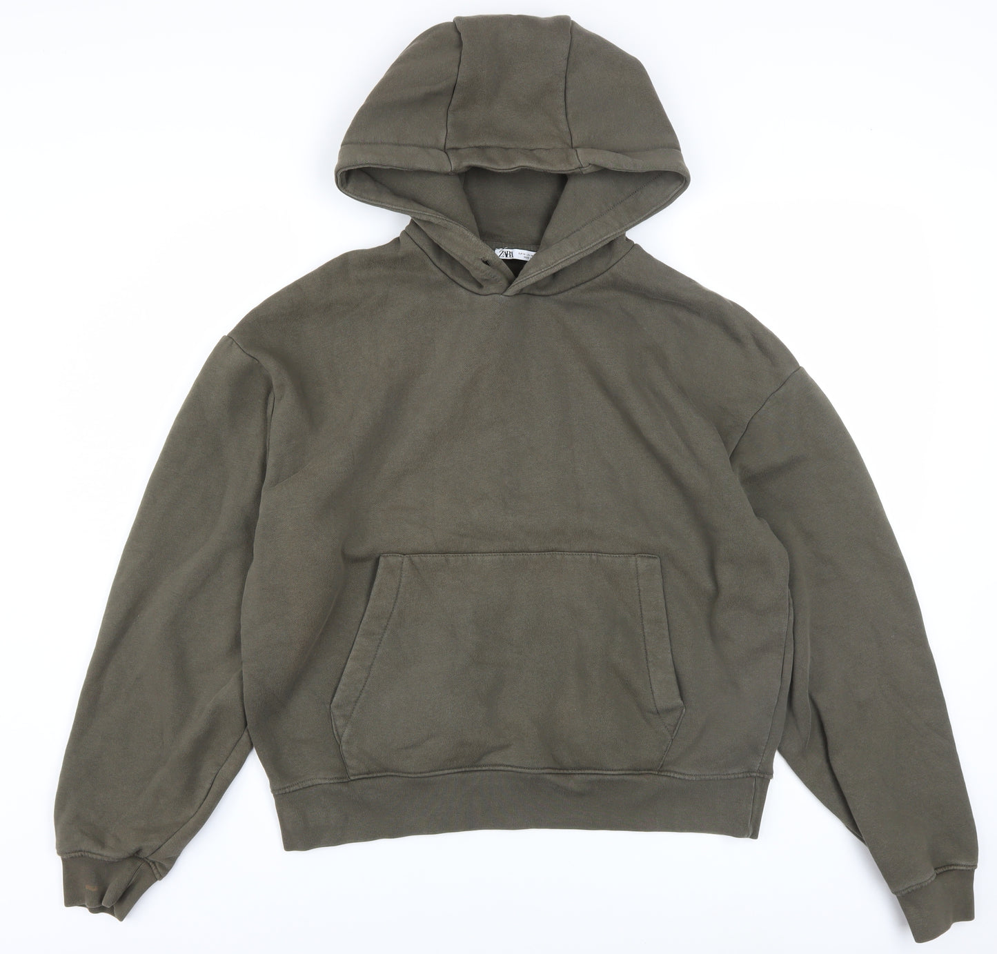 Zara Womens Khaki Green Pullover Hoodie M Cotton Blend Casual