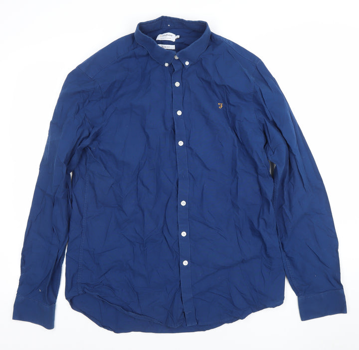 Farah Men's Blue Slim Fit Long Sleeve Button-Up Shirt XL Cotton