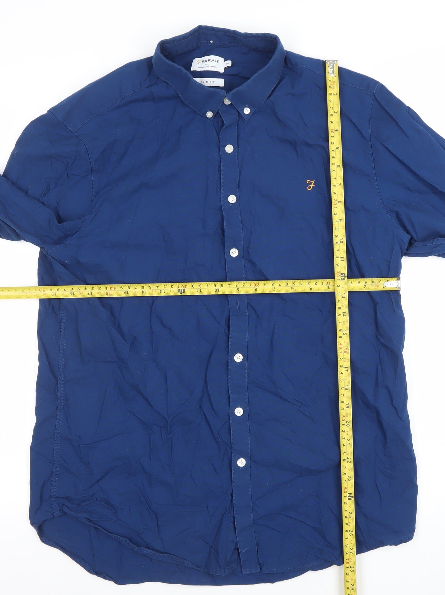 Farah Men's Blue Slim Fit Long Sleeve Button-Up Shirt XL Cotton