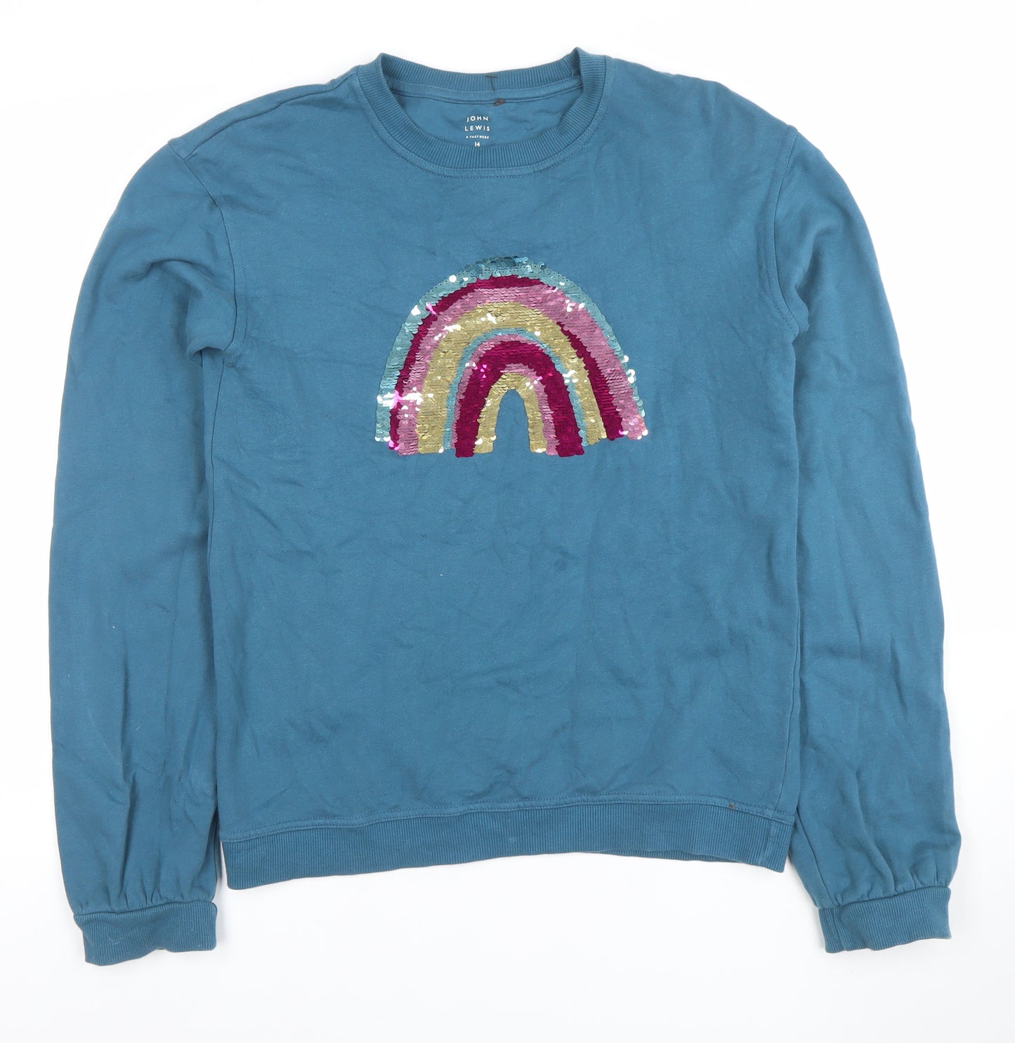John Lewis Girls Blue Sequin Rainbow Cotton Pullover Sweatshirt Size 14 Years