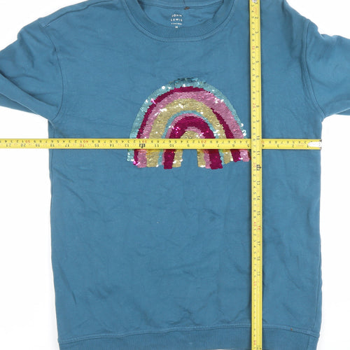 John Lewis Girls Blue Sequin Rainbow Cotton Pullover Sweatshirt Size 14 Years