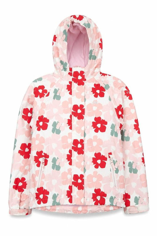 Front view of Trespass girls’ multicoloured floral waterproof hooded rain coat 11-12 years