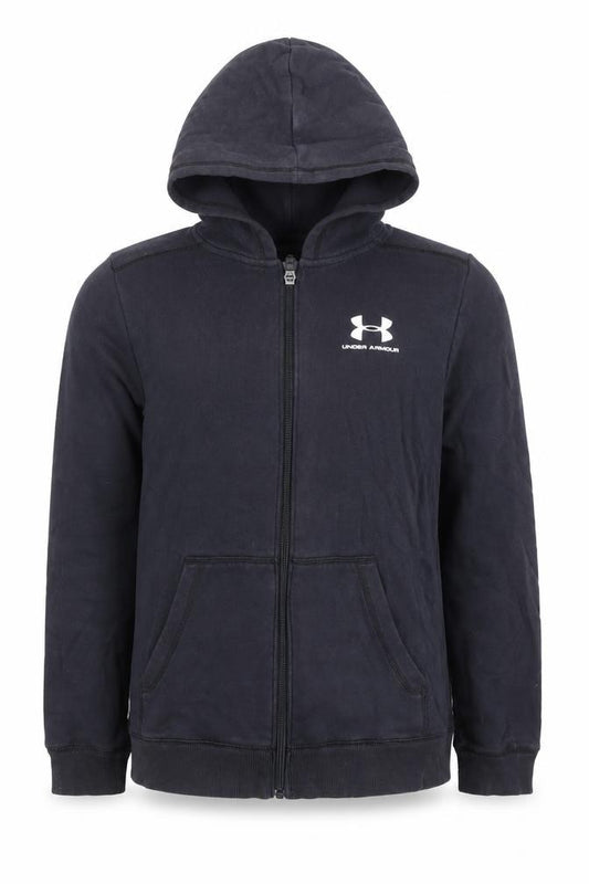 Front view of Under Armour boys’ black full zip hoodie ymd medium cotton blend
