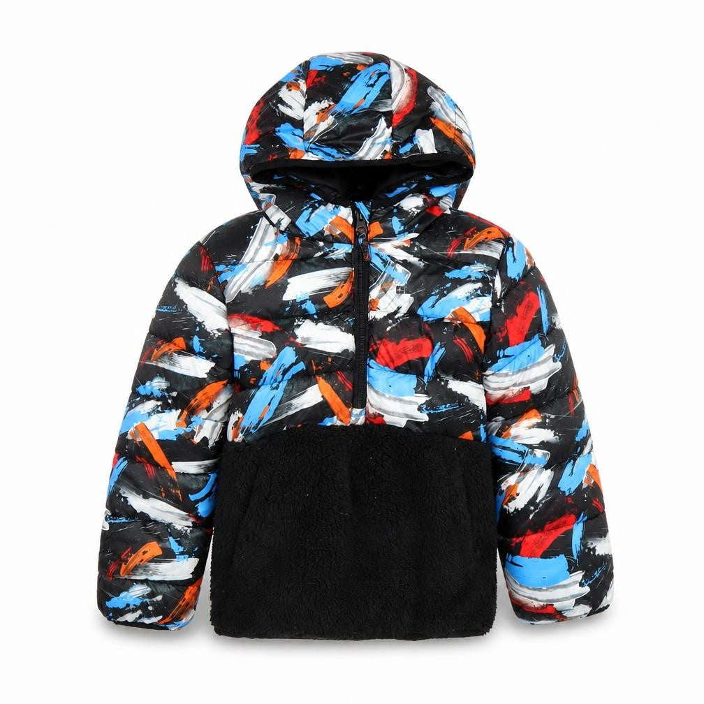 Front view of Mountain Warehouse boys’ multicoloured 5-6 years hooded puffer jacket