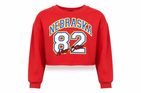 Front view of Atmosphere women’s red nebraska 82 cropped pullover sweatshirt, size UK 10