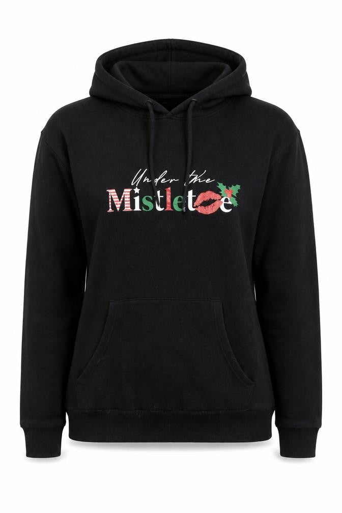 Front view of New Look Women's Black Under the Mistletoe Hoodie, size S