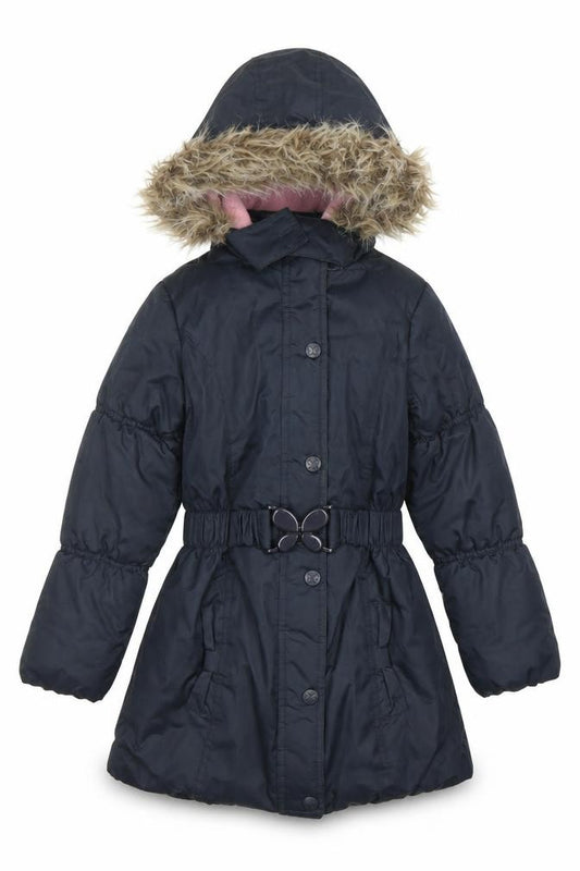 Front view of Millie girls’ black faux fur hooded parka coat 9 years